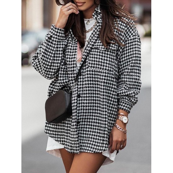 Women's Houndstooth Print Turn Down Collar Pocket Design Boyfriend Shacket Winter Woolen Shirt Women's Houndstooth Print Turn Down Collar Pocket Design Boyfriend Shacket Winter Woolen Shirt