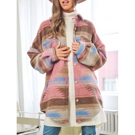 Women's Daily Ethnic Style Geo Tribal Aztec Printed Wool Blend Front Pockets Western Shirt Jacket Shacket Women's Daily Ethnic Style Geo Tribal Aztec Printed Wool Blend Front Pockets Western Shirt Jacket Shacket