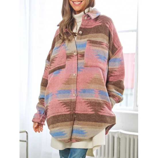 Women's Daily Ethnic Style Geo Tribal Aztec Printed Wool Blend Front Pockets Western Shirt Jacket Shacket Women's Daily Ethnic Style Geo Tribal Aztec Printed Wool Blend Front Pockets Western Shirt Jacket Shacket