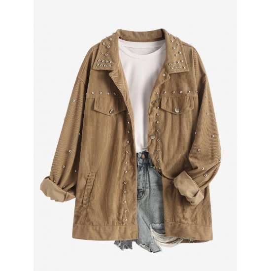 Women's Streetwear Rivet Design Corduroy Solid Color Shacket Jacket Women's Streetwear Rivet Design Corduroy Solid Color Shacket Jacket