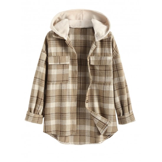 Women's Daily Plaid Loose Detachable Hooded Cargo Pockets Wool Blend Shirt Jacket Shacket Women's Daily Plaid Loose Detachable Hooded Cargo Pockets Wool Blend Shirt Jacket Shacket