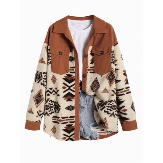 Women's Single Breasted Ethnic Style Aztec Geo Tribal Printed Cargo Pockets Fluffy Corduroy Panel Spliced Teddy Shirt Jacket Shacket Women's Single Breasted Ethnic Style Aztec Geo Tribal Printed Cargo Pockets Fluffy Corduroy Panel Spliced Teddy Shirt Jacket Shacket