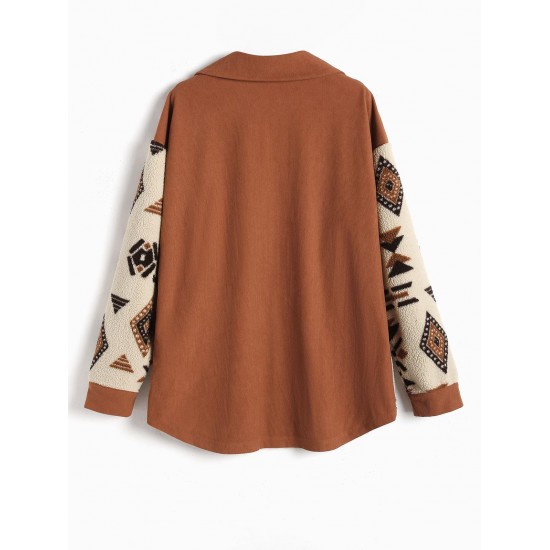Women's Single Breasted Ethnic Style Aztec Geo Tribal Printed Cargo Pockets Fluffy Corduroy Panel Spliced Teddy Shirt Jacket Shacket Women's Single Breasted Ethnic Style Aztec Geo Tribal Printed Cargo Pockets Fluffy Corduroy Panel Spliced Teddy Shirt Jacket Shacket