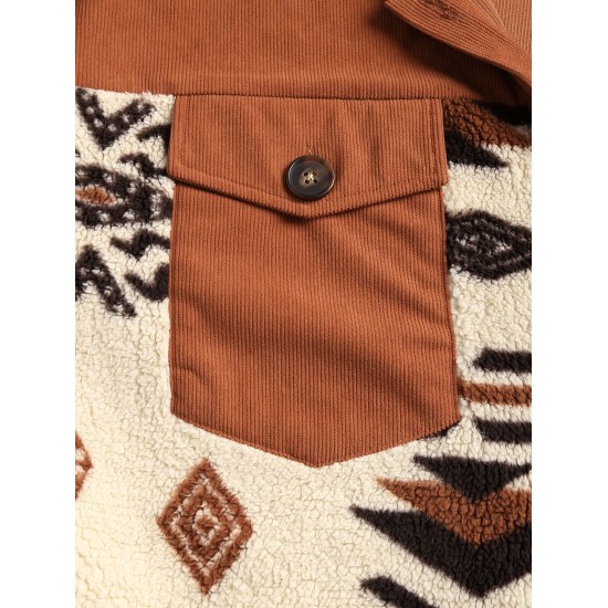 Women's Single Breasted Ethnic Style Aztec Geo Tribal Printed Cargo Pockets Fluffy Corduroy Panel Spliced Teddy Shirt Jacket Shacket Women's Single Breasted Ethnic Style Aztec Geo Tribal Printed Cargo Pockets Fluffy Corduroy Panel Spliced Teddy Shirt Jacket Shacket