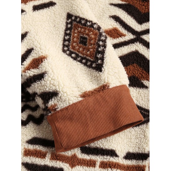 Women's Single Breasted Ethnic Style Aztec Geo Tribal Printed Cargo Pockets Fluffy Corduroy Panel Spliced Teddy Shirt Jacket Shacket Women's Single Breasted Ethnic Style Aztec Geo Tribal Printed Cargo Pockets Fluffy Corduroy Panel Spliced Teddy Shirt Jacket Shacket