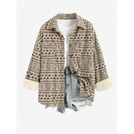 Women's Ethnic Style Aztec Tribal Geo Printed Thermal Fleece Lined Vintage Front Pocket Corduroy Shirt Jacket Shacket Women's Ethnic Style Aztec Tribal Geo Printed Thermal Fleece Lined Vintage Front Pocket Corduroy Shirt Jacket Shacket