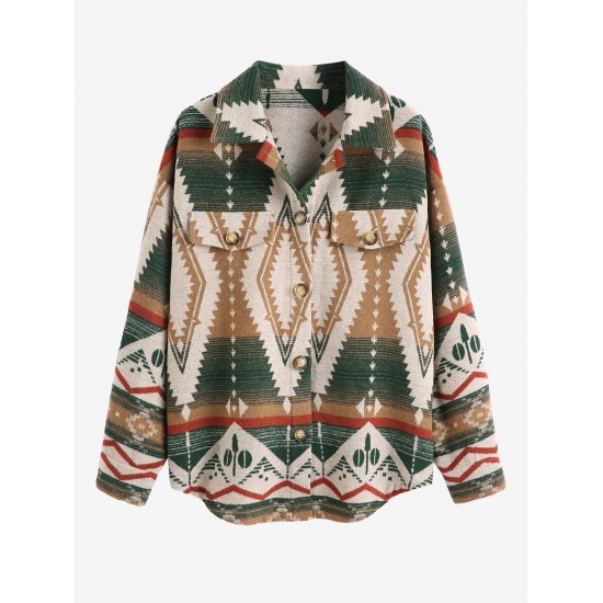 Women's Long Sleeve Ethnic Style Aztec Geo Tribal Printed Flap Detail Button Up Wool Blend Shirt Jacket Shacket Women's Long Sleeve Ethnic Style Aztec Geo Tribal Printed Flap Detail Button Up Wool Blend Shirt Jacket Shacket
