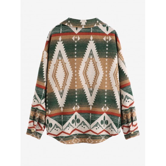 Women's Long Sleeve Ethnic Style Aztec Geo Tribal Printed Flap Detail Button Up Wool Blend Shirt Jacket Shacket Women's Long Sleeve Ethnic Style Aztec Geo Tribal Printed Flap Detail Button Up Wool Blend Shirt Jacket Shacket