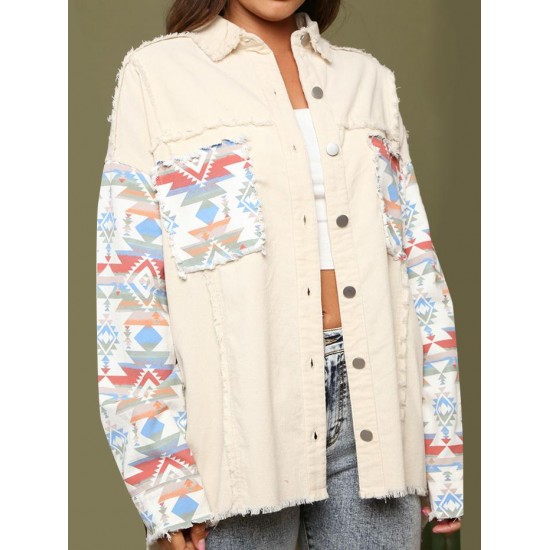 Women's Ethnic Aztec Print Mock Pocket Frayed Drop Shoulder Turn Down Collar Button Up High Low Denim Shacket Women's Ethnic Aztec Print Mock Pocket Frayed Drop Shoulder Turn Down Collar Button Up High Low Denim Shacket