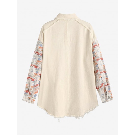 Women's Ethnic Aztec Print Mock Pocket Frayed Drop Shoulder Turn Down Collar Button Up High Low Denim Shacket Women's Ethnic Aztec Print Mock Pocket Frayed Drop Shoulder Turn Down Collar Button Up High Low Denim Shacket