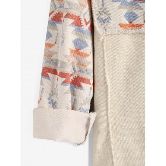 Women's Ethnic Aztec Print Mock Pocket Frayed Drop Shoulder Turn Down Collar Button Up High Low Denim Shacket Women's Ethnic Aztec Print Mock Pocket Frayed Drop Shoulder Turn Down Collar Button Up High Low Denim Shacket