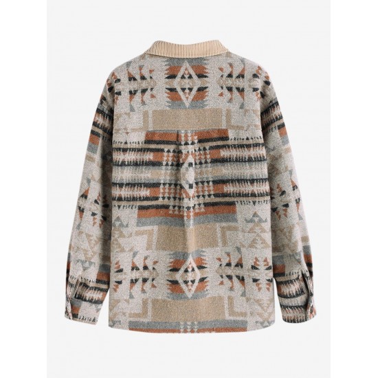 Women's Daily Ethnic Aztec Jacquard Drop Shoulder Turn Down Collar Flap Detail Button Up Shacket Women's Daily Ethnic Aztec Jacquard Drop Shoulder Turn Down Collar Flap Detail Button Up Shacket
