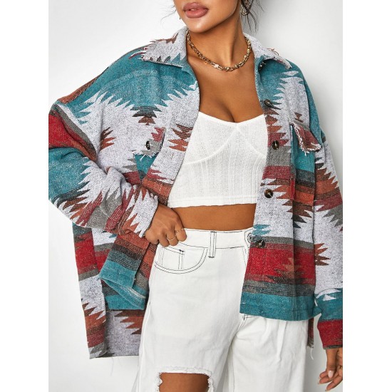 Ethnic Aztec Print Flap Pockets Button Up Jacket Ethnic Aztec Print Flap Pockets Button Up Jacket