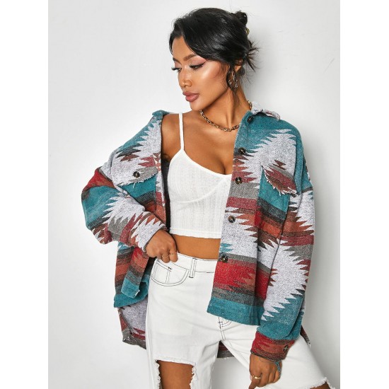 Ethnic Aztec Print Flap Pockets Button Up Jacket Ethnic Aztec Print Flap Pockets Button Up Jacket
