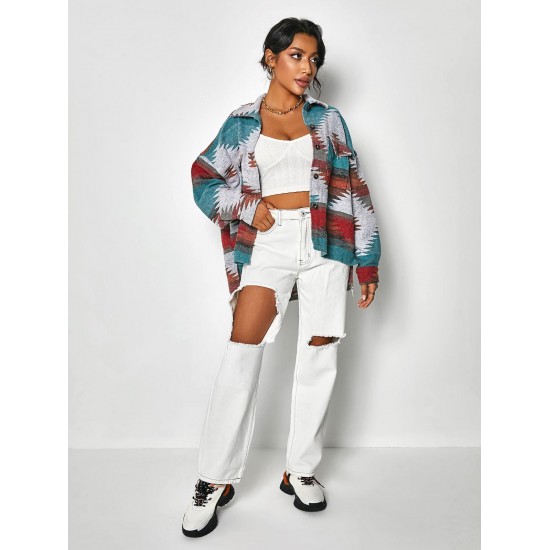Ethnic Aztec Print Flap Pockets Button Up Jacket Ethnic Aztec Print Flap Pockets Button Up Jacket