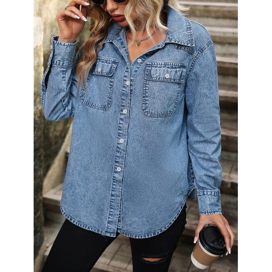 Women's Streetwear Acid Wash Pocket Button Up Curved Hem Long Sleeve Denim Shacket Women's Streetwear Acid Wash Pocket Button Up Curved Hem Long Sleeve Denim Shacket
