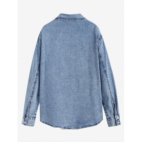 Women's Streetwear Acid Wash Pocket Button Up Curved Hem Long Sleeve Denim Shacket Women's Streetwear Acid Wash Pocket Button Up Curved Hem Long Sleeve Denim Shacket