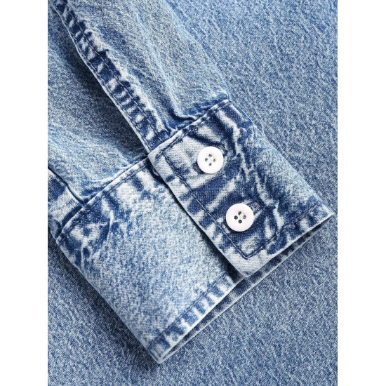 Women's Streetwear Acid Wash Pocket Button Up Curved Hem Long Sleeve Denim Shacket Women's Streetwear Acid Wash Pocket Button Up Curved Hem Long Sleeve Denim Shacket
