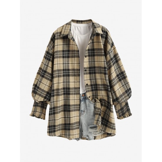 Women's Plaid Smocked Ruffle Cuff Lantern Sleeve Longline Shacket Women's Plaid Smocked Ruffle Cuff Lantern Sleeve Longline Shacket