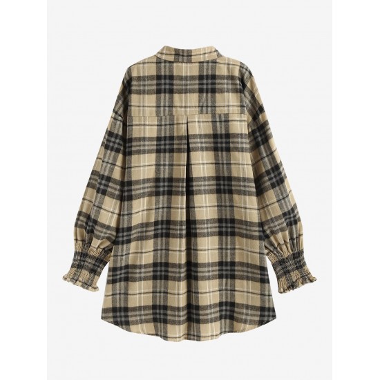 Women's Plaid Smocked Ruffle Cuff Lantern Sleeve Longline Shacket Women's Plaid Smocked Ruffle Cuff Lantern Sleeve Longline Shacket