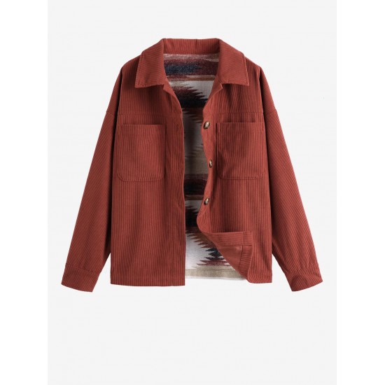 Women's Daily Ethnic Aztec Print Corduroy Pockets Drop Shoulder Button Up Turn Down Collar Long Sleeve Shacket Women's Daily Ethnic Aztec Print Corduroy Pockets Drop Shoulder Button Up Turn Down Collar Long Sleeve Shacket