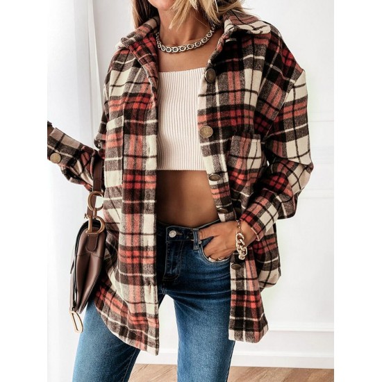 Women's Daily Vintage Style Plaid Front Pockets Wool Blend Shirt Jacket Shacket Women's Daily Vintage Style Plaid Front Pockets Wool Blend Shirt Jacket Shacket
