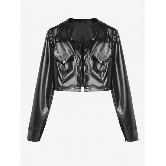 Women's PU Leather Mock Pocket Solid Color Going Out Streetwear Crop Shacket Jacket Women's PU Leather Mock Pocket Solid Color Going Out Streetwear Crop Shacket Jacket
