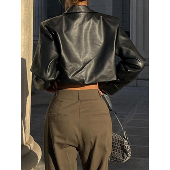 Women's PU Leather Mock Pocket Solid Color Going Out Streetwear Crop Shacket Jacket Women's PU Leather Mock Pocket Solid Color Going Out Streetwear Crop Shacket Jacket