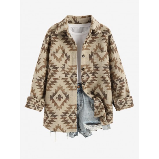Women's Ethnic Aztec Tribal Geo Printed Front Pockets Single Breasted Wool Blend Shirt Jacket Shacket Women's Ethnic Aztec Tribal Geo Printed Front Pockets Single Breasted Wool Blend Shirt Jacket Shacket
