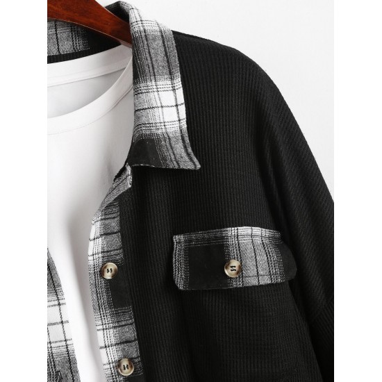Women's Plaid Spliced Textured Knit Flap Pockets Single Breasted Shirt Jacket Shacket Women's Plaid Spliced Textured Knit Flap Pockets Single Breasted Shirt Jacket Shacket