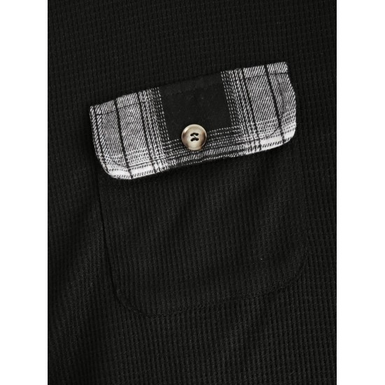 Women's Plaid Spliced Textured Knit Flap Pockets Single Breasted Shirt Jacket Shacket Women's Plaid Spliced Textured Knit Flap Pockets Single Breasted Shirt Jacket Shacket