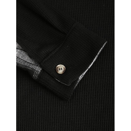 Women's Plaid Spliced Textured Knit Flap Pockets Single Breasted Shirt Jacket Shacket Women's Plaid Spliced Textured Knit Flap Pockets Single Breasted Shirt Jacket Shacket