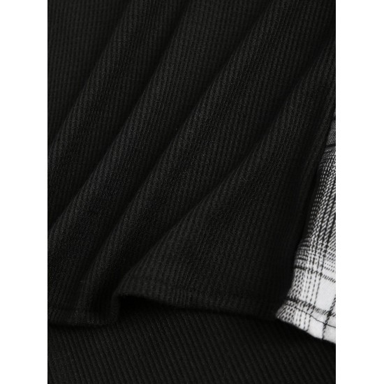 Women's Plaid Spliced Textured Knit Flap Pockets Single Breasted Shirt Jacket Shacket Women's Plaid Spliced Textured Knit Flap Pockets Single Breasted Shirt Jacket Shacket