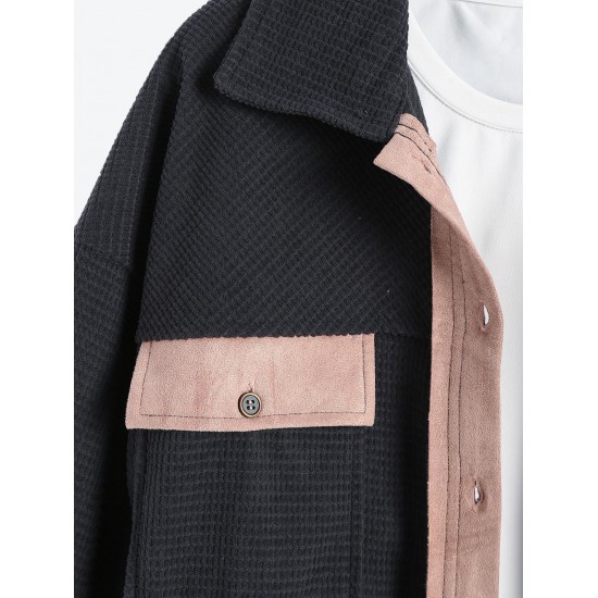 Women's Faux Suede Panel Spliced Textured Cargo Style Pockets Single Breasted Daily Shirt Jacket Shacket Women's Faux Suede Panel Spliced Textured Cargo Style Pockets Single Breasted Daily Shirt Jacket Shacket