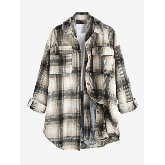 Women's Wool Blend Drop Shoulder Plaid Belted Button Up Pocket Longline Shacket Women's Wool Blend Drop Shoulder Plaid Belted Button Up Pocket Longline Shacket