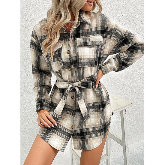 Women's Wool Blend Drop Shoulder Plaid Belted Button Up Pocket Longline Shacket Women's Wool Blend Drop Shoulder Plaid Belted Button Up Pocket Longline Shacket