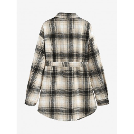 Women's Wool Blend Drop Shoulder Plaid Belted Button Up Pocket Longline Shacket Women's Wool Blend Drop Shoulder Plaid Belted Button Up Pocket Longline Shacket