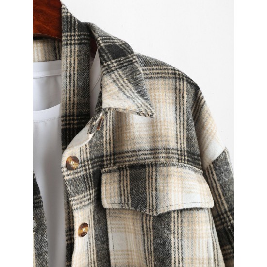 Women's Wool Blend Drop Shoulder Plaid Belted Button Up Pocket Longline Shacket Women's Wool Blend Drop Shoulder Plaid Belted Button Up Pocket Longline Shacket