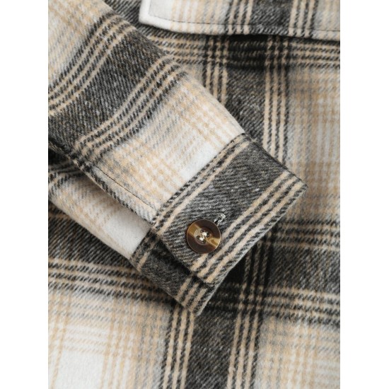 Women's Wool Blend Drop Shoulder Plaid Belted Button Up Pocket Longline Shacket Women's Wool Blend Drop Shoulder Plaid Belted Button Up Pocket Longline Shacket
