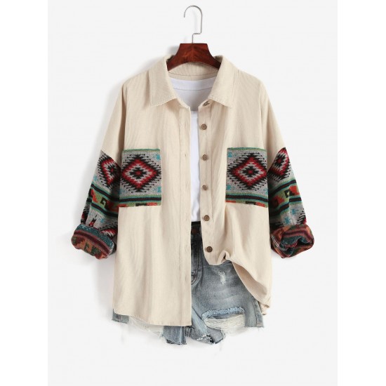 Women's Ethnic Aztec Printed Corduroy Shacket Long Sleeve Retro Spliced Jacket Women's Ethnic Aztec Printed Corduroy Shacket Long Sleeve Retro Spliced Jacket
