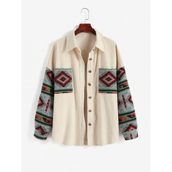 Women's Ethnic Aztec Printed Corduroy Shacket Long Sleeve Retro Spliced Jacket Women's Ethnic Aztec Printed Corduroy Shacket Long Sleeve Retro Spliced Jacket