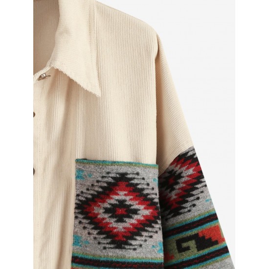 Women's Ethnic Aztec Printed Corduroy Shacket Long Sleeve Retro Spliced Jacket Women's Ethnic Aztec Printed Corduroy Shacket Long Sleeve Retro Spliced Jacket