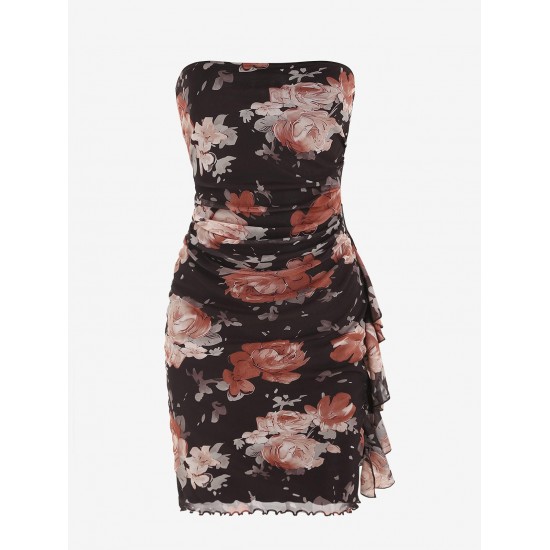 Flower Print Vintage Ruffles Decor Mesh Tube Dress Flower Print Vintage Ruffles Decor Mesh Tube Dress
