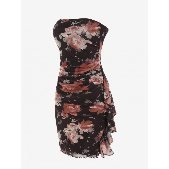 Flower Print Vintage Ruffles Decor Mesh Tube Dress Flower Print Vintage Ruffles Decor Mesh Tube Dress