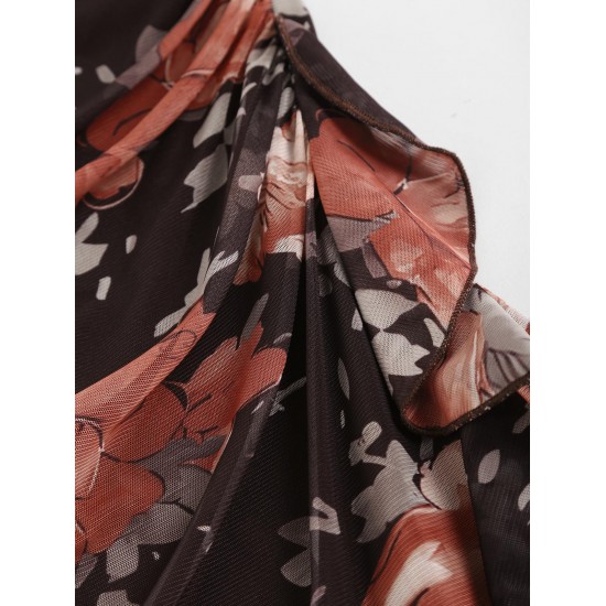 Flower Print Vintage Ruffles Decor Mesh Tube Dress Flower Print Vintage Ruffles Decor Mesh Tube Dress