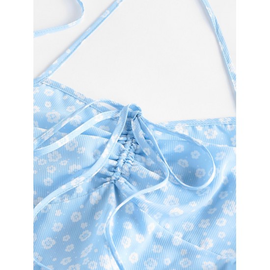 Floral Ribbed Cinched Tie Smocked Sun Dress Floral Ribbed Cinched Tie Smocked Sun Dress