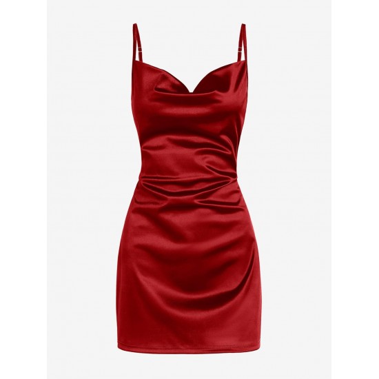 Women's Satin Sleeveless Spaghetti Strap Side Slit Cowl Neck Cocktail Party Mini Slip Vegas Dress Women's Satin Sleeveless Spaghetti Strap Side Slit Cowl Neck Cocktail Party Mini Slip Vegas Dress