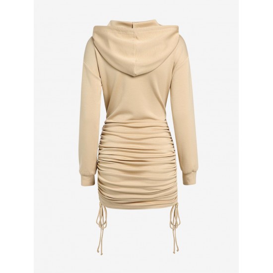 Women's Sexy Daily Hooded Drop Shoulder Long Sleeve Drawstring Cinched Ruched Solid Color Mini Bodycon Hoodie Dress Women's Sexy Daily Hooded Drop Shoulder Long Sleeve Drawstring Cinched Ruched Solid Color Mini Bodycon Hoodie Dress