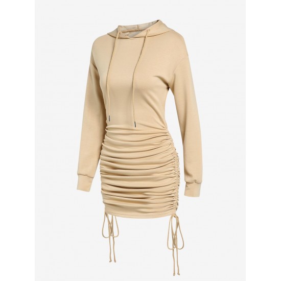 Women's Sexy Daily Hooded Drop Shoulder Long Sleeve Drawstring Cinched Ruched Solid Color Mini Bodycon Hoodie Dress Women's Sexy Daily Hooded Drop Shoulder Long Sleeve Drawstring Cinched Ruched Solid Color Mini Bodycon Hoodie Dress