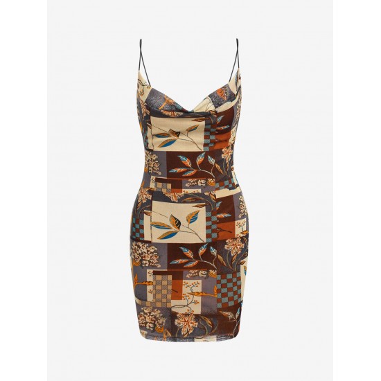 Patchwork Print Cowl Front Bungee Strap Bodycon Dress Patchwork Print Cowl Front Bungee Strap Bodycon Dress